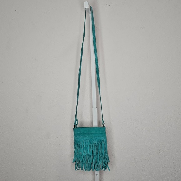 Unbranded Handbags - Turquoise Genuine Suede Leather Fringe Crossbody Bag Small Boho Festival Teal